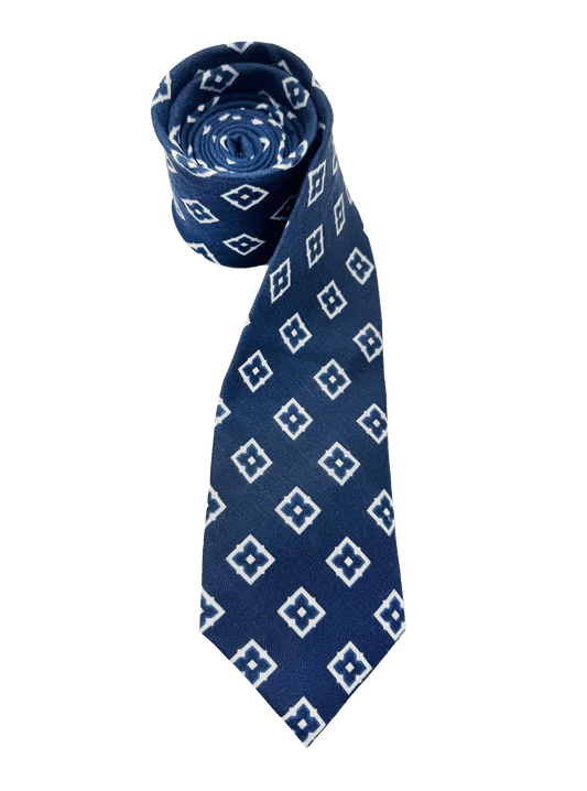 Navy Tile Print Linen Tie