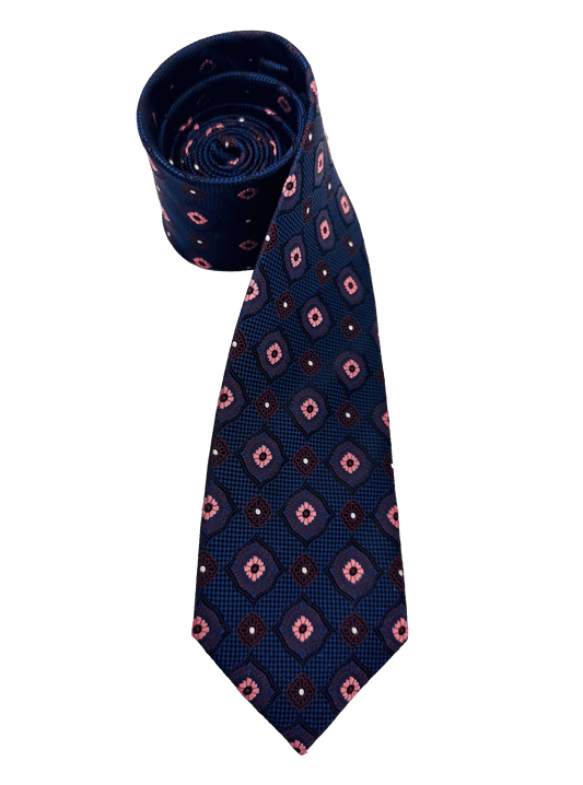 Navy Pink Tile Print Silk Tie