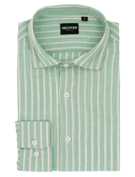 Sel Green Striped Linen Cotton Casual Shirt