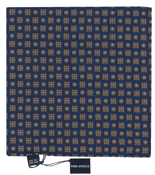 Navy Orange Insignia Print Silk Pocket Square