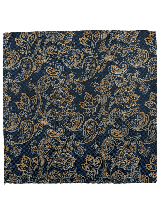 Navy Orange Paisley Print Silk pocket Square