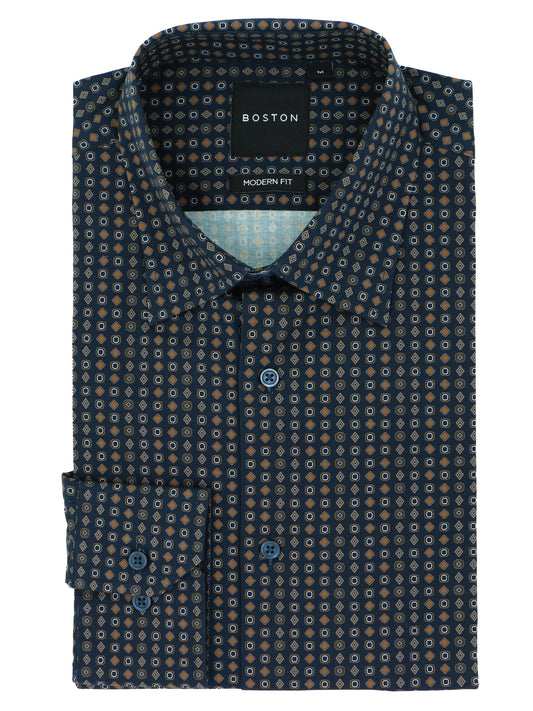 Lennox Navy Geometric Tile Printed Stretch Shirt